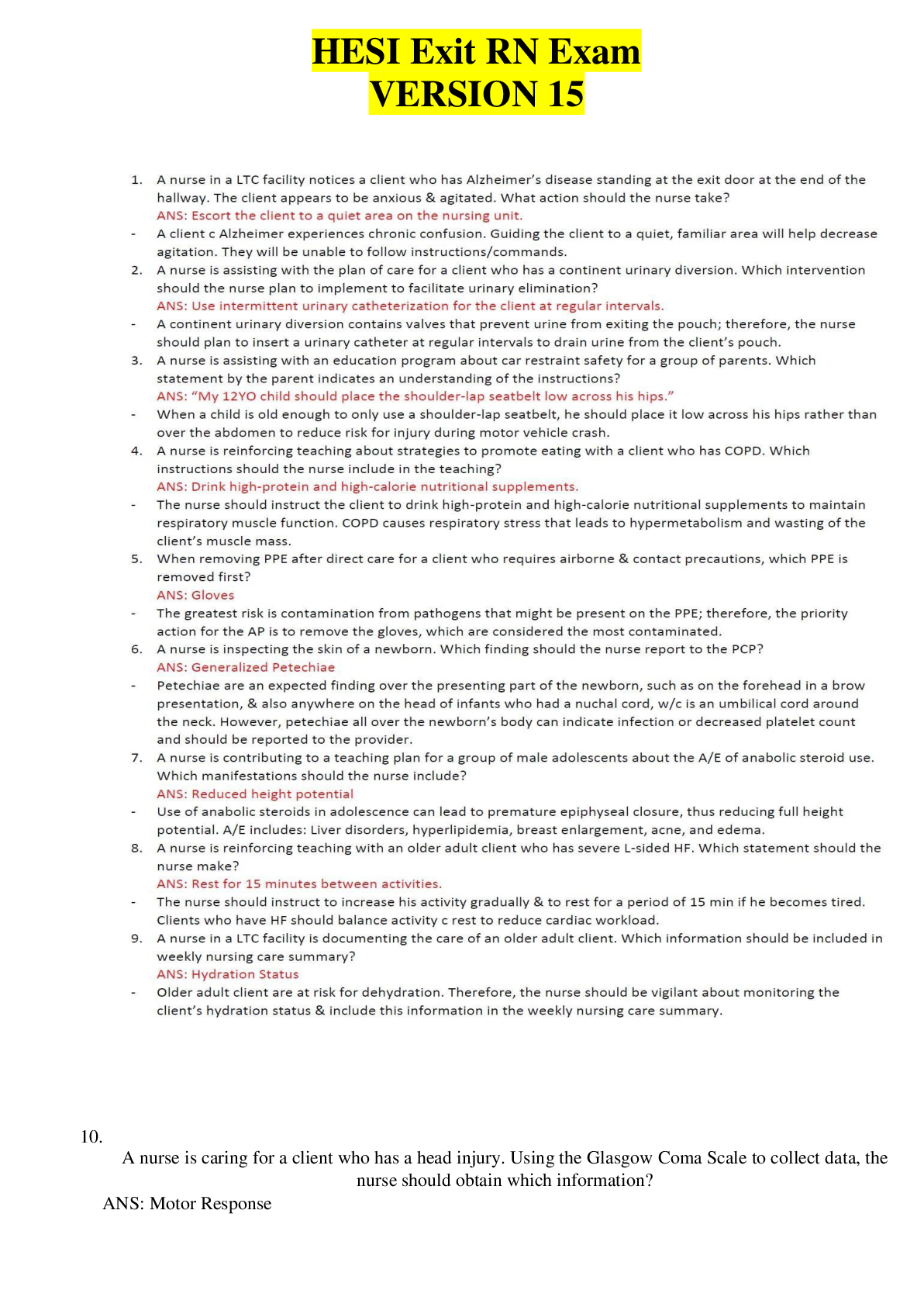 Preview of HESI Exit RN Exam Version 15 Questions & Answers with Rationale